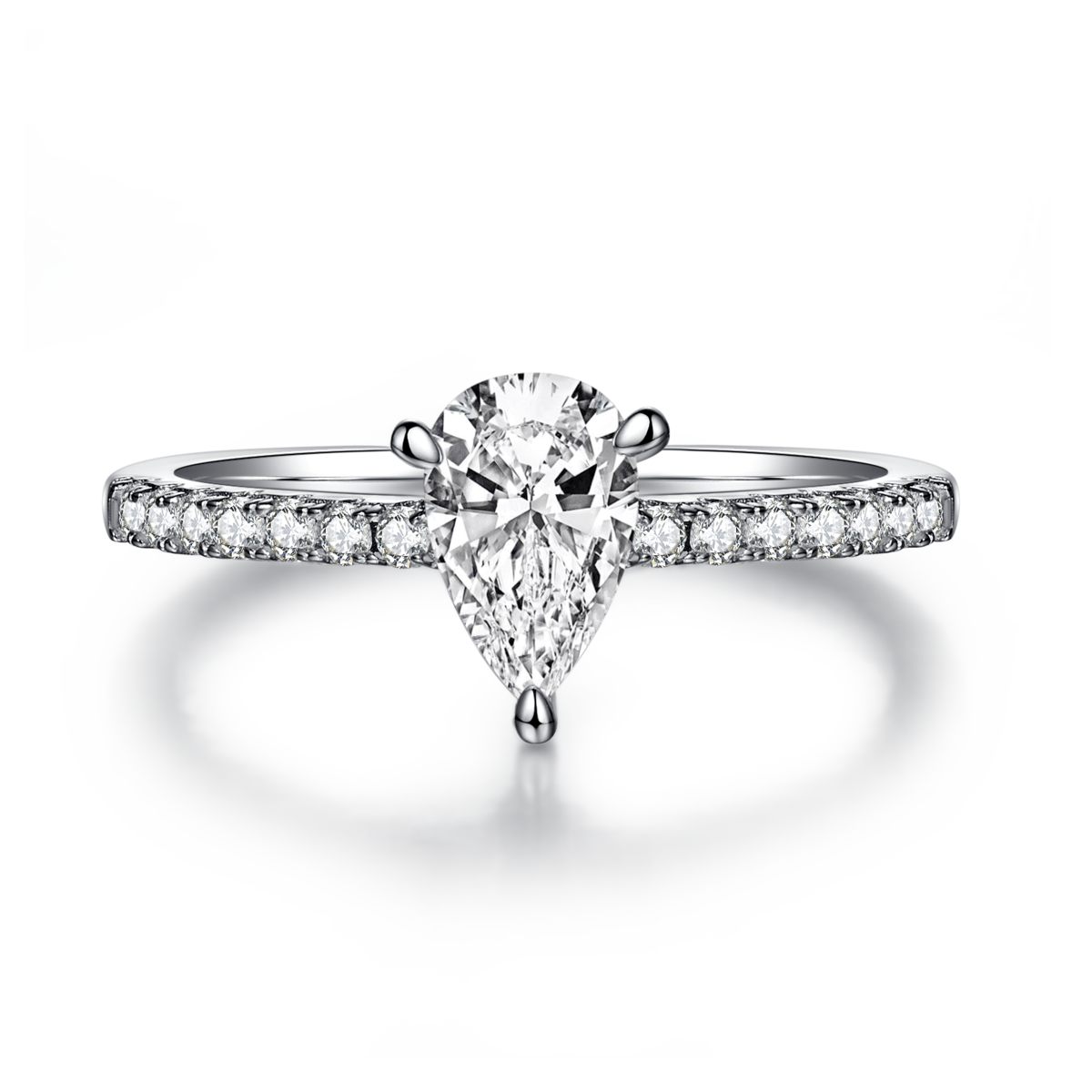 Micro inlaid pear shaped S925 silver plated white gold moissanite diamond women's ring 1.0 carat D-grade